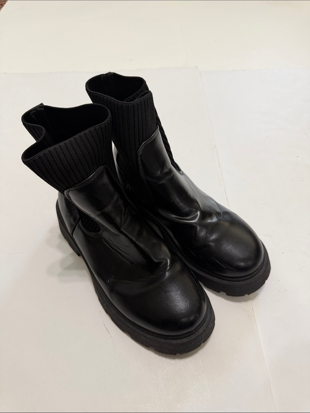 TOP Moda Black Leather Ankle Boots with Rib Knit Cuff